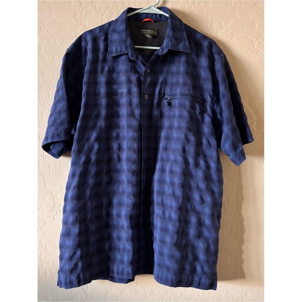Eddie Bauer Menβs Large Blue Plaid Short Sleeve Hiking Travel Shirt Zip Pocket